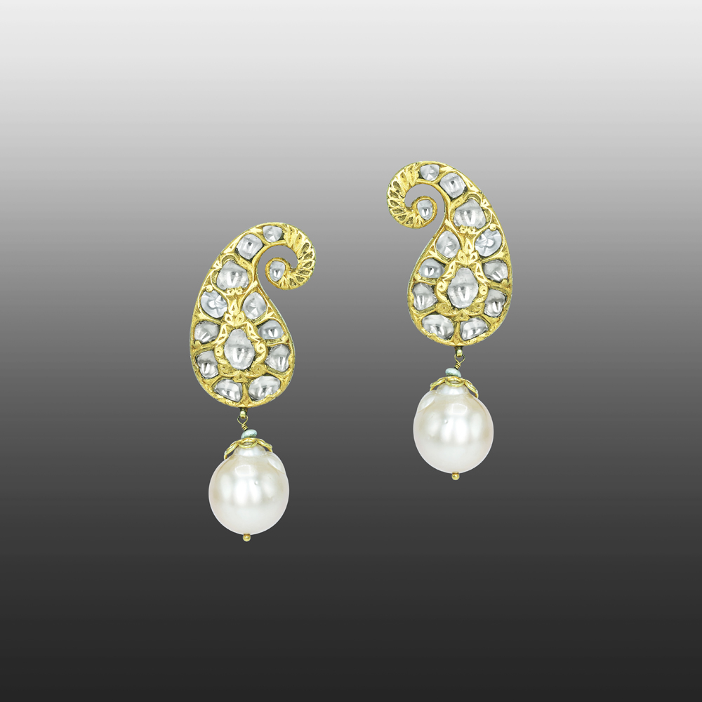 Paisley Polki Earrings with Pearl Drops